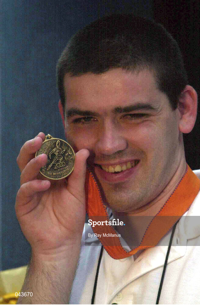31 May 2000; Ireland's Sean Brosnan, from Cork, poses with his 50m Freestyle bronze medal during the Special Olympics European Games in Groningen, Netherlands. Photo by Ray McManus/Sportsfile*