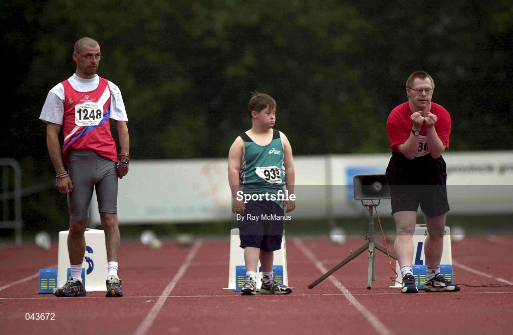 1 June 2000; Ireland's Aaron Doherty, centre, lines up alongside fellow competitors Loeka Buzzi of Luxembourg, left and Daniel Engler of Switzerland, right, for the 50m athletics event at the Special Olympics European Games in Groningen, Netherlands. Photo by Ray McManus/Sportsfile
