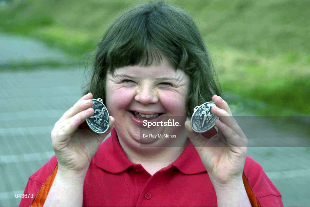 1 June 2000; Katie Bushe, from Malahide, Dublin, poses with her two silver medals she won competing in gymnastics at the Special Olympics European Games in Groningen, Netherlands. Photo by Ray McManus/Sportsfile