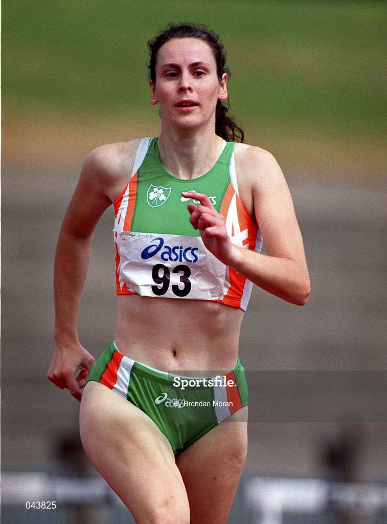 29 July 2000; Fiona Kavanagh competes in the women's 400m hurdles event during the Dublin International Games at at Morton Stadium in Santry, Dublin. Photo by Brendan Moran/Sportsfile