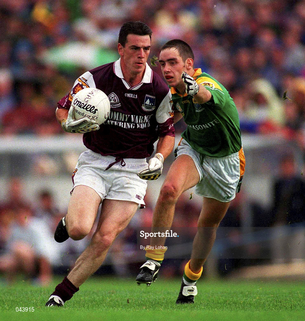 30 July 2000; Padraic Joyce of Galway in action against John McKeon of Leitrim during the Bank of Ireland Connacht Senior Football Championship Final between Galway and Leitrim at Dr Hyde Park in Roscommon. Photo by Ray Lohan/Sportsfile