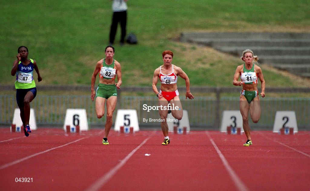 29 July 2000; Sarah Reilly, 81, on her way to win the women's 100m event, from second place Wendy Hartman, 48, third place Emily Maher, 82, and sixth place Dikeledi Moropane, 47,  during the Dublin International Games at at Morton Stadium in Santry, Dublin. Photo by Brendan Moran/Sportsfile