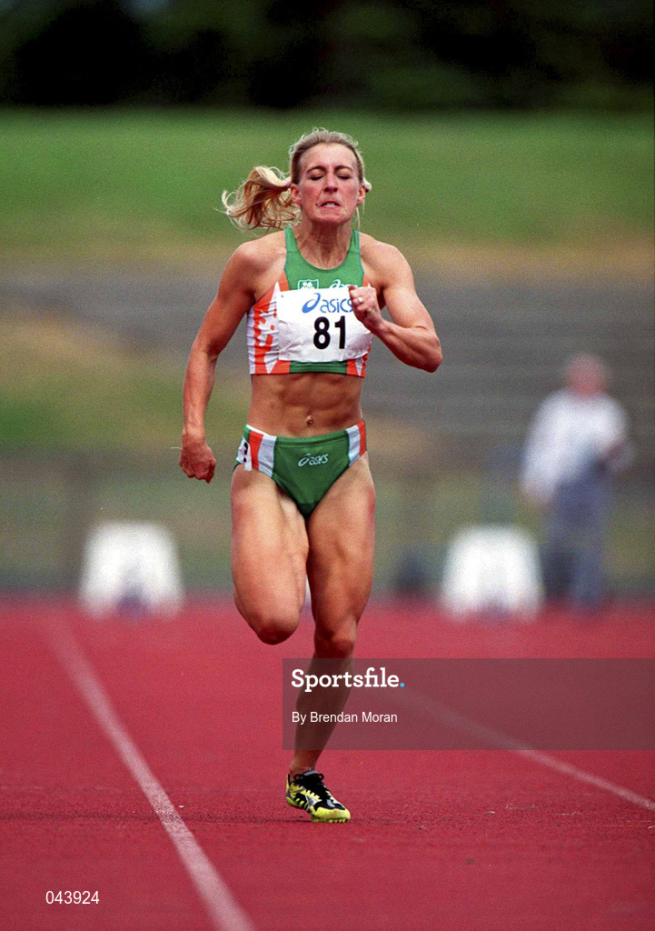 29 July 2000; Sarah Reilly on her way to win the women's 100m event during the Dublin International Games at at Morton Stadium in Santry, Dublin. Photo by Brendan Moran/Sportsfile