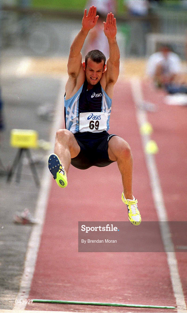 29 July 2000; Ciaran McDonagh competes in the men's long jump event during the Dublin International Games at at Morton Stadium in Santry, Dublin. Photo by Brendan Moran/Sportsfile