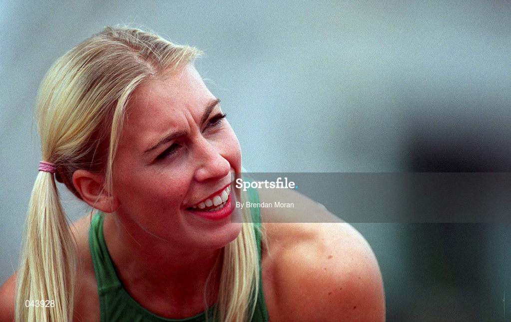 29 July 2000; Sarah Reilly after winning the women's 100m event during the Dublin International Games at at Morton Stadium in Santry, Dublin. Photo by Brendan Moran/Sportsfile
