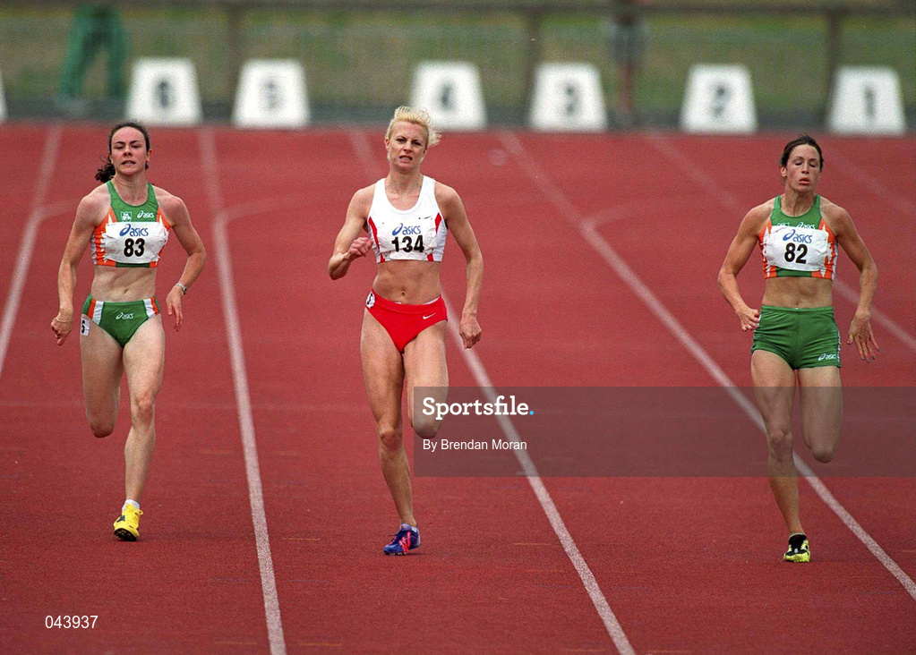 29 July 2000; Sarah Wilhelmly, 134, on her way to winning the women's 200m event from second place Emily Maher, 82, and third place Ciara Sheehy, 83, during the Dublin International Games at at Morton Stadium in Santry, Dublin. Photo by Brendan Moran/Sportsfile