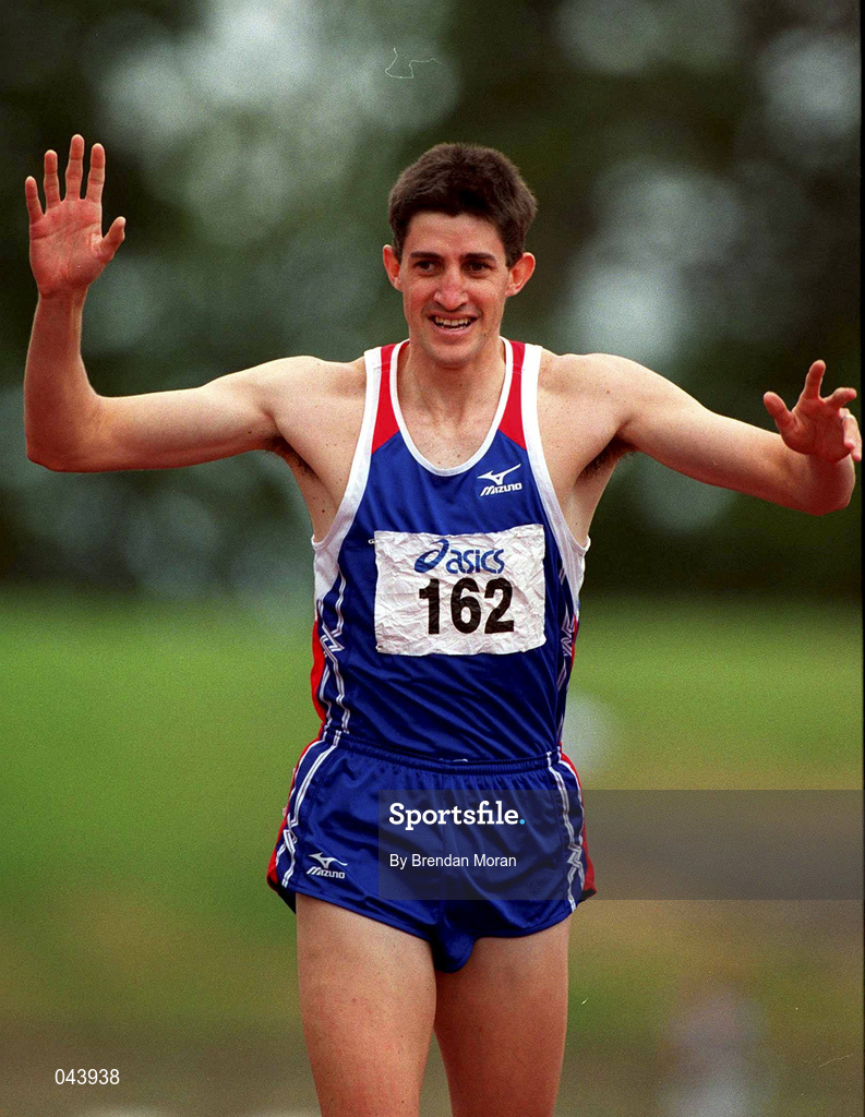 29 July 2000; Arnaud Malherbe of South Africa celebrates winning the men's 400m event during the Dublin International Games at at Morton Stadium in Santry, Dublin. Photo by Brendan Moran/Sportsfile