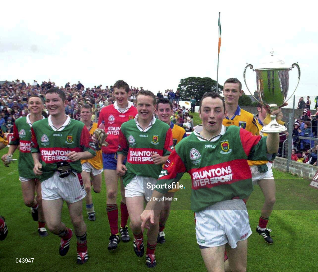 30 July 2000; Victorious Mayo captain Rory Keane leads his team-mates in celebration following the Connacht Minor Football Championship Final between Roscommon and Mayo at Dr Hyde Park in Roscommon. Photo by David Maher/Sportsfile