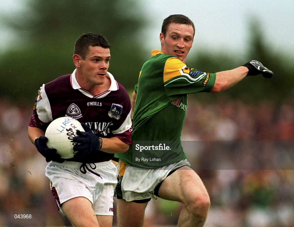 30 July 2000; Declan Meehan of Galway in action against Dermot Reynolds of Leitrim during the Bank of Ireland Connacht Senior Football Championship Final between Galway and Leitrim at Dr Hyde Park in Roscommon. Photo by Ray Lohan/Sportsfile