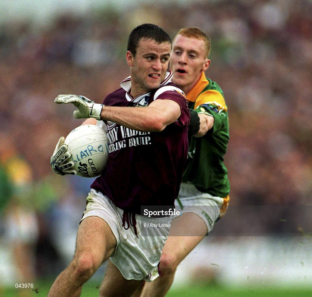 30 July 2000; Derk Savage of Galway is tackled by Michael McGuinness of Leitrim during the Bank of Ireland Connacht Senior Football Championship Final between Galway and Leitrim at Dr Hyde Park in Roscommon. Photo by Ray Lohan/Sportsfile