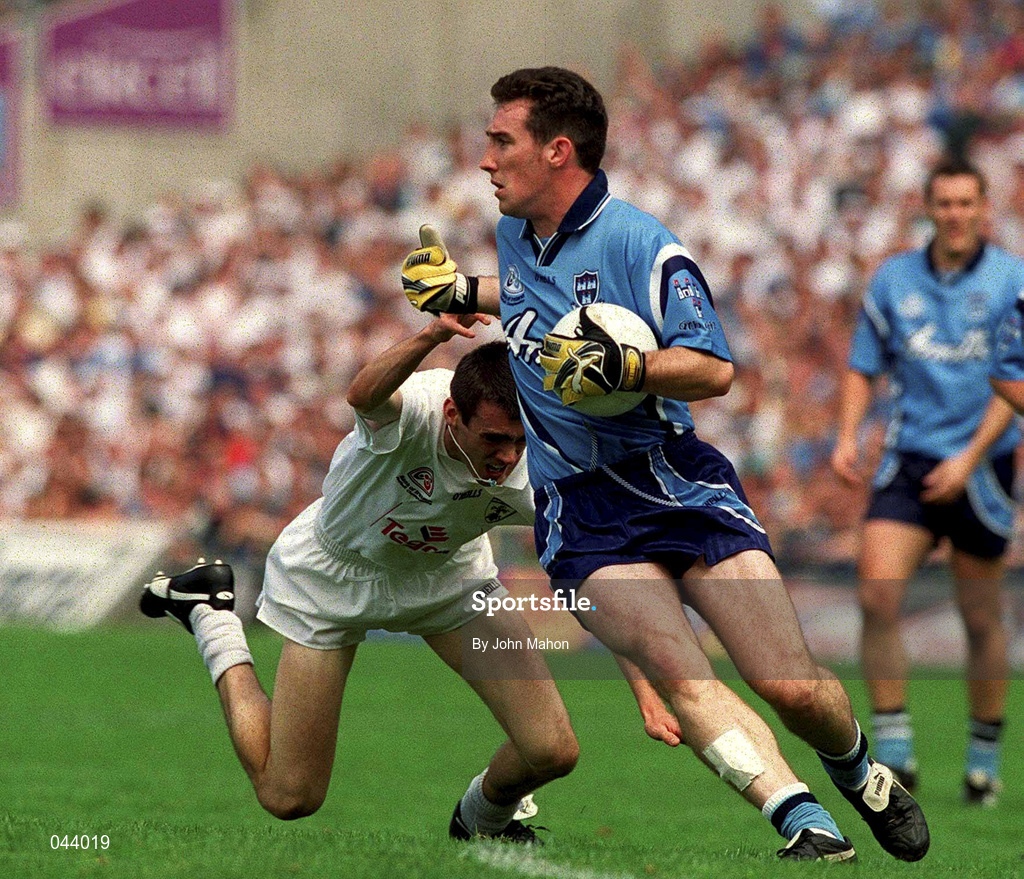 30 July 2000; Paddy Christie of Dublin in action against Tadhg Fennin of Kildare during the Bank of Ireland Leinster Senior Football Championship Final between Dublin and Kildare at Croke Park in Dublin. Photo by John Mahon/Sportsfile