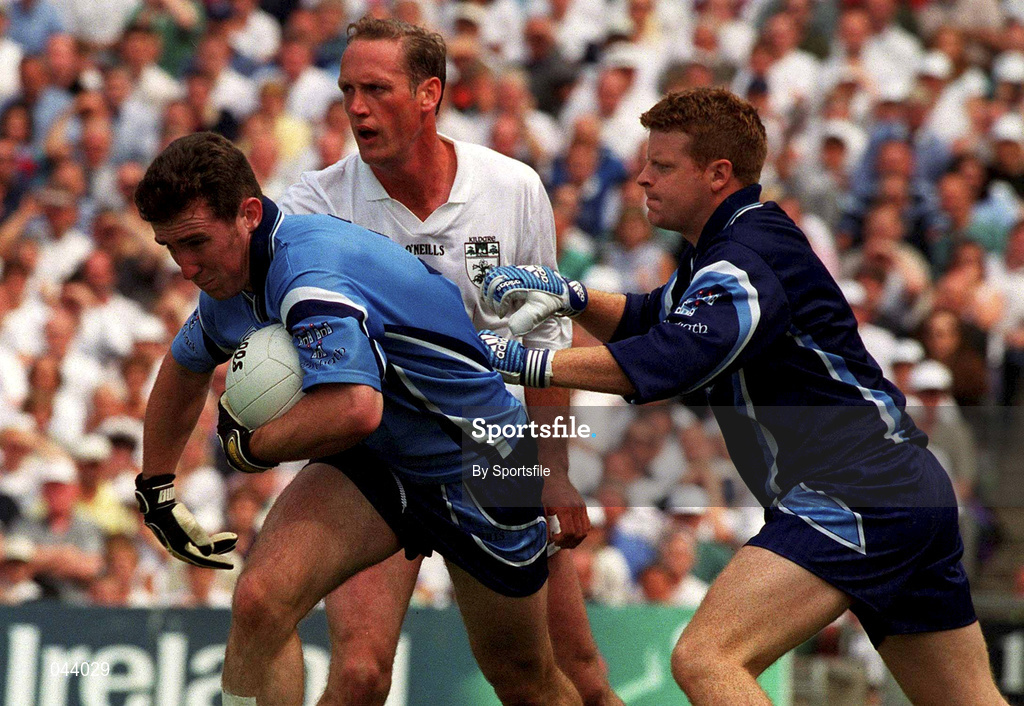 30 July 2000; Paddy Christie with the support of his Dublin team-mate David Byrne, goalkeeper, in action against Willie McCreery of Kildare during the Bank of Ireland Leinster Senior Football Championship Final between Dublin and Kildare at Croke Park in Dublin. Photo by Sportsfile