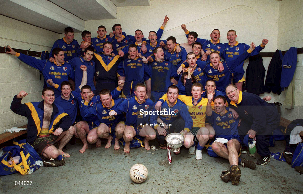 6 February 2000; Longford players and officials celebrate their victory following the O'Byrne Cup Final between Westmeath and Longford at Cusack Park in Mullingar, Westmeath. Photo by Ray McManus/Sportsfile