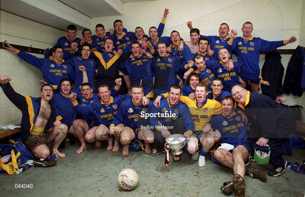 6 February 2000; Longford players and officials celebrate their victory following the O'Byrne Cup Final between Westmeath and Longford at Cusack Park in Mullingar, Westmeath. Photo by Ray McManus/Sportsfile