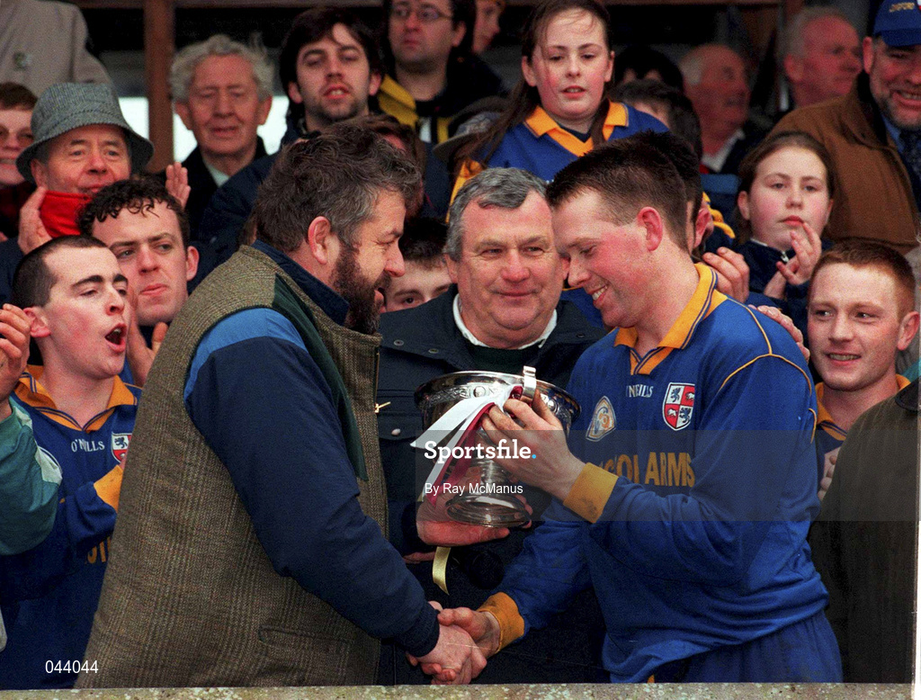 6 February 2000; Albert Fallon presents the O'Byrne Cup to Longford captain Enda Barden following the O'Byrne Cup Final between Westmeath and Longford at Cusack Park in Mullingar, Westmeath. Photo by Ray McManus/Sportsfile