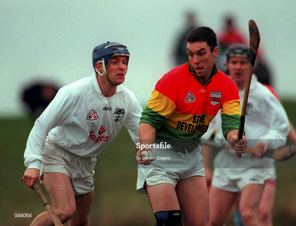 30 January 2000; Niall Banbury of Carlow in action against Joe Dempsey of Kildare during the Keogh Cup match between Kildare and Carlow at Naas GAA Ground in Kildare. Photo by Damien Eagers/Sportsfile
