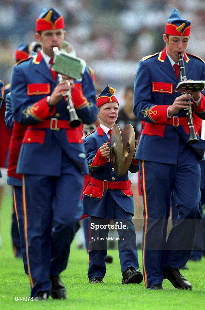 30 July 2000; 11-year-old Aaron Dunne preforms with The Artane Boys Band during the pre-match parade ahead of the Bank of Ireland Leinster Senior Football Championship Final between Dublin and Kildare at Croke Park in Dublin. Photo by Ray McManus/Sportsfile