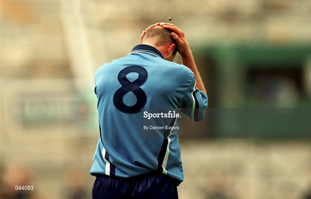 30 July 2000; Brian Stynes of Dublin shows his disapointment after missing a late free during the Bank of Ireland Leinster Senior Football Championship Final between Dublin and Kildare at Croke Park in Dublin. Photo by Damien Eagers/Sportsfile