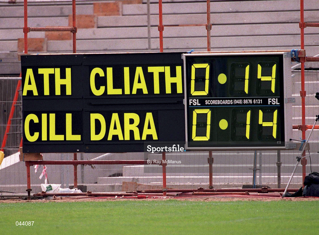 30 July 2000; The scoreboard showing the game level is seen after the Bank of Ireland Leinster Senior Football Championship Final between Dublin and Kildare at Croke Park in Dublin. Photo by Ray McManus/Sportsfile