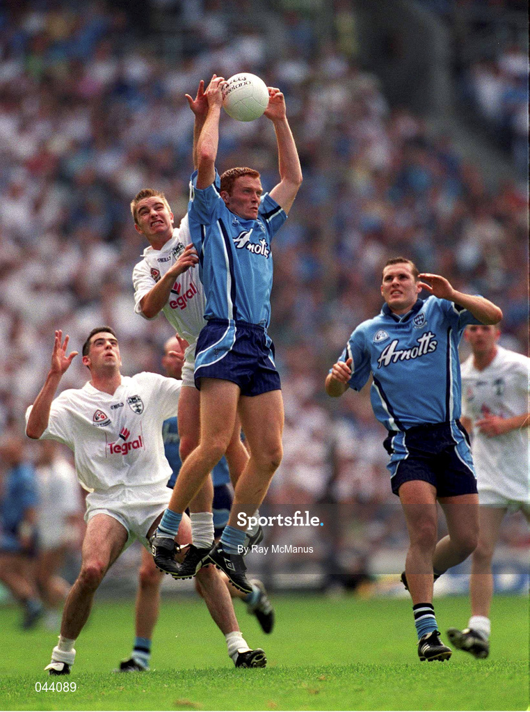 30 July 2000; Peadar Andrews of Dublin in action against Eddie McCormack of Kildare during the Bank of Ireland Leinster Senior Football Championship Final between Dublin and Kildare at Croke Park in Dublin. Photo by Ray McManus/Sportsfile