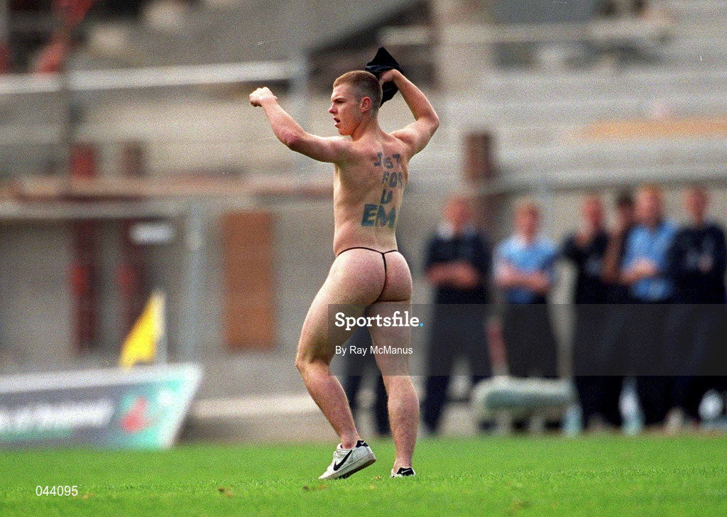 30 July 2000; A streaker, Brian Togher, runs onto the pitch during the Bank of Ireland Leinster Senior Football Championship Final between Dublin and Kildare at Croke Park in Dublin. Photo by Ray McManus/Sportsfile