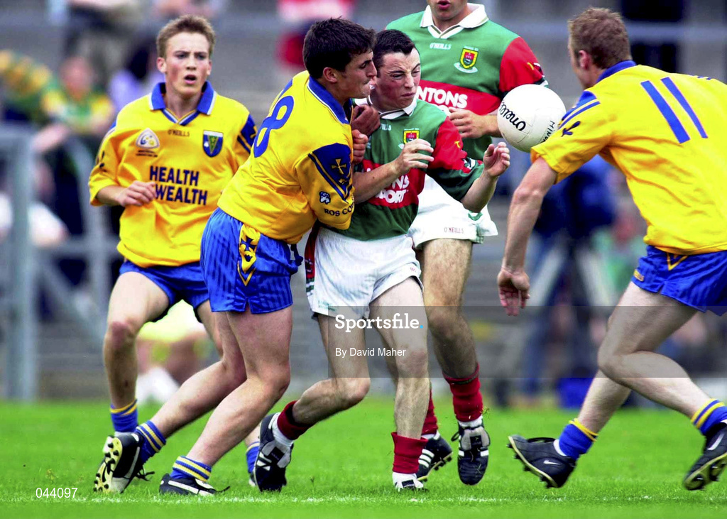 30 July 2000; Rory Keane of Mayo in action against Stuart Roddy, left and Benny Hynes of Roscommon during the Connacht Minor Football Championship Final between Roscommon and Mayo at Dr Hyde Park in Roscommon. Photo by David Maher/Sportsfile