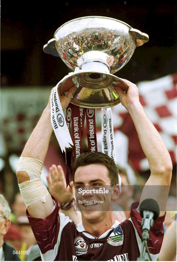 30 July 2000; Galway captain Padraic Joyce lifts the Nestor Cup following the Bank of Ireland Connacht Senior Football Championship Final between Galway and Leitrim at Dr Hyde Park in Roscommon. Photo by David Maher/Sportsfile