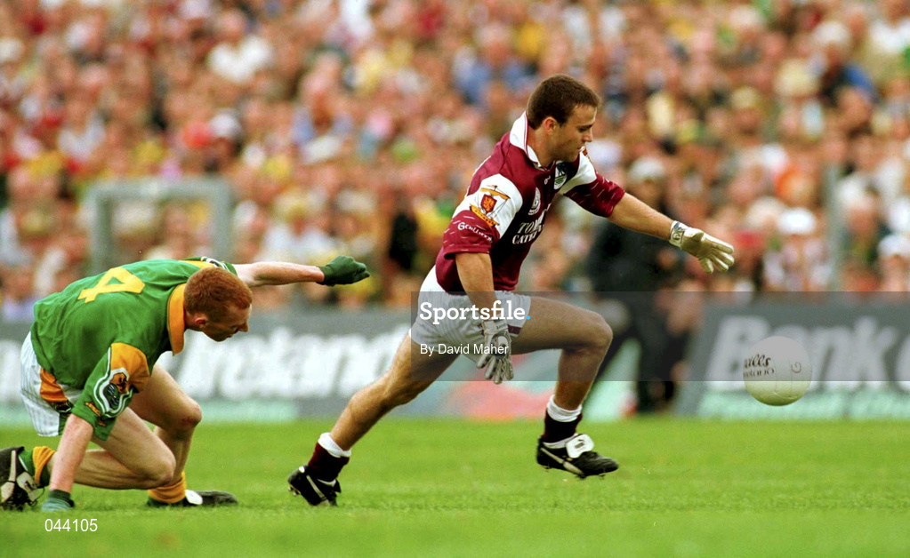 30 July 2000; Derek Savage of Galway in action against Michael McGuinness of Leitrim during the Bank of Ireland Connacht Senior Football Championship Final between Galway and Leitrim at Dr Hyde Park in Roscommon. Photo by David Maher/Sportsfile