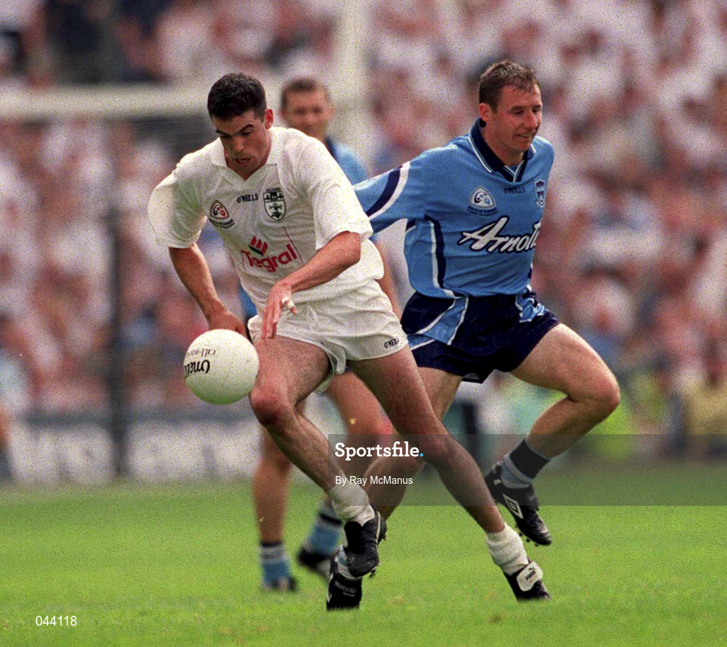 30 July 2000; Dermot Earley of Kildare in action against Jim Gavin of Dublin during the Bank of Ireland Leinster Senior Football Championship Final between Dublin and Kildare at Croke Park in Dublin. Photo by Ray McManus/Sportsfile