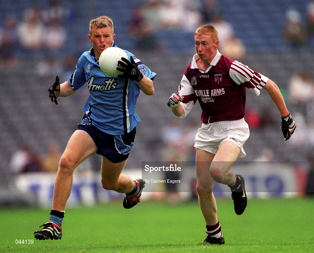 30 July 2000; Stephen Mills of Dublin in action against Kenneth Larkin of Westmeath during the Leinster Minor Football Championship Final between Dublin and Westmeath at Croke Park in Dublin. Photo by Damien Eagers/Sportsfile