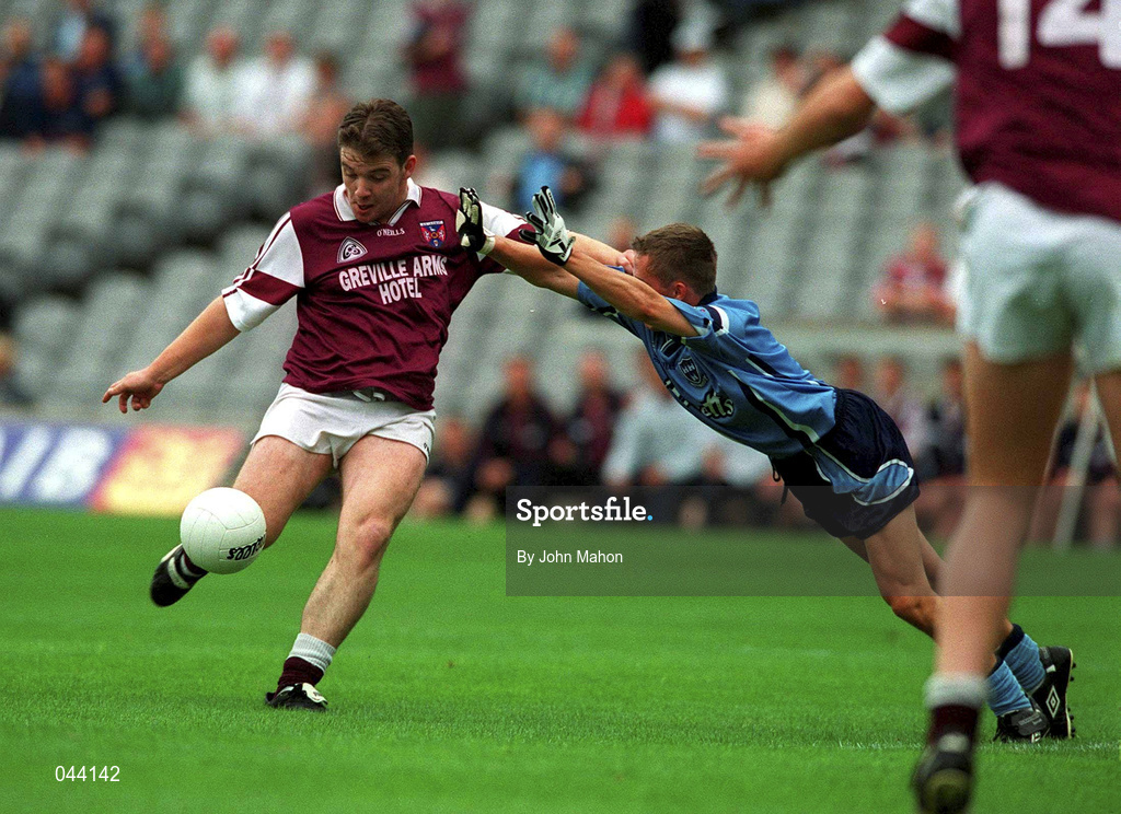 30 July 2000; Colin Whyte of Westmeath is blocked down by Neil O'Driscoll of Dublin during the Leinster Minor Football Championship Final between Dublin and Westmeath at Croke Park in Dublin. Photo by John Mahon/Sportsfile