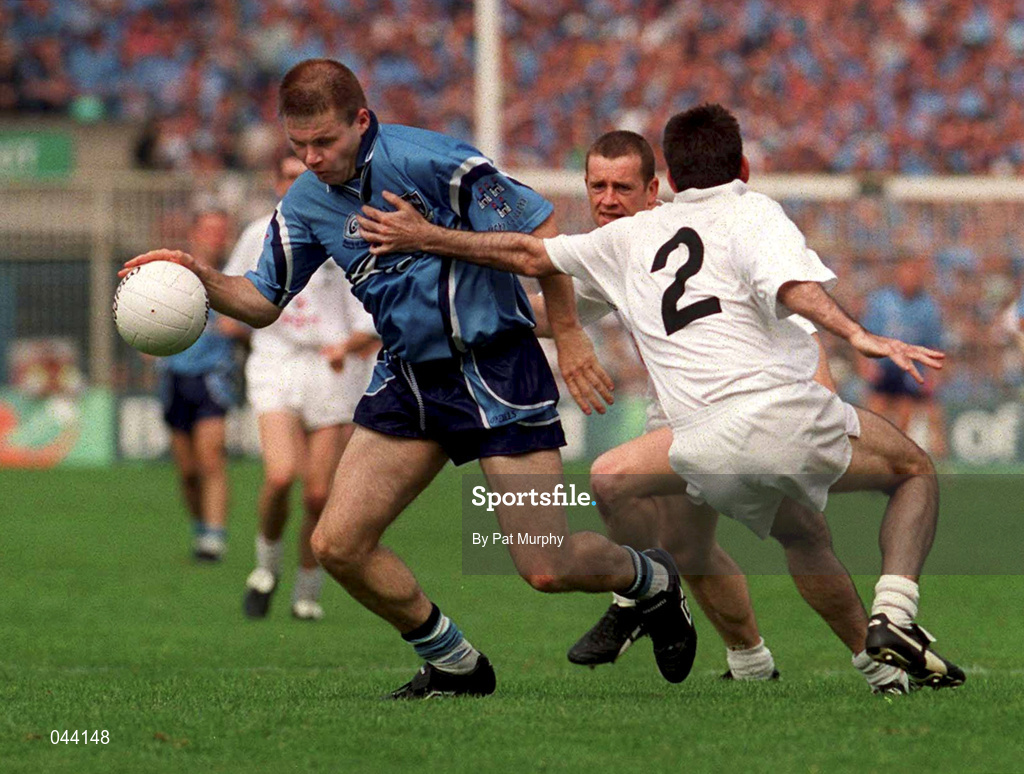 30 July 2000; Dessie Farrell of Dublin in action against Shane Ryan of Kildare during the Bank of Ireland Leinster Senior Football Championship Final between Dublin and Kildare at Croke Park in Dublin. Photo by Pat Murphy/Sportsfile