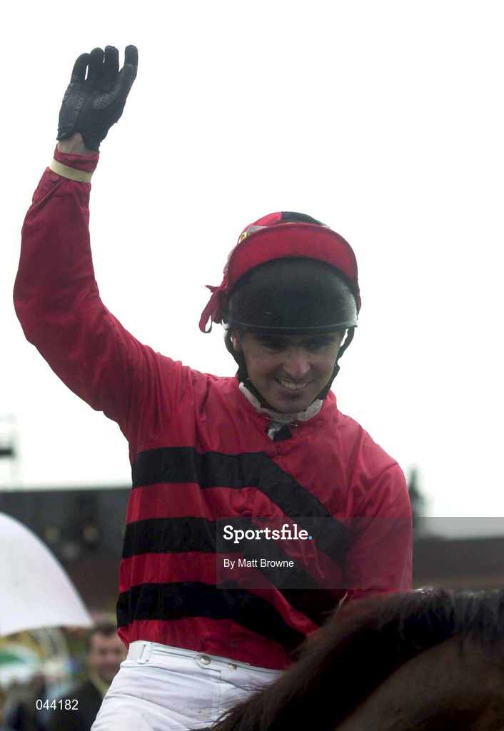 31 July 2000; Jockey Aidan Fitzgerald celebrates after winning the GPT Galway Handicap onbaord Gamekeeper during the opening day of the Galway Racing Festival at Galway Racecourse in Ballybrit, Galway. Photo by Matt Browne/Sportsfile
