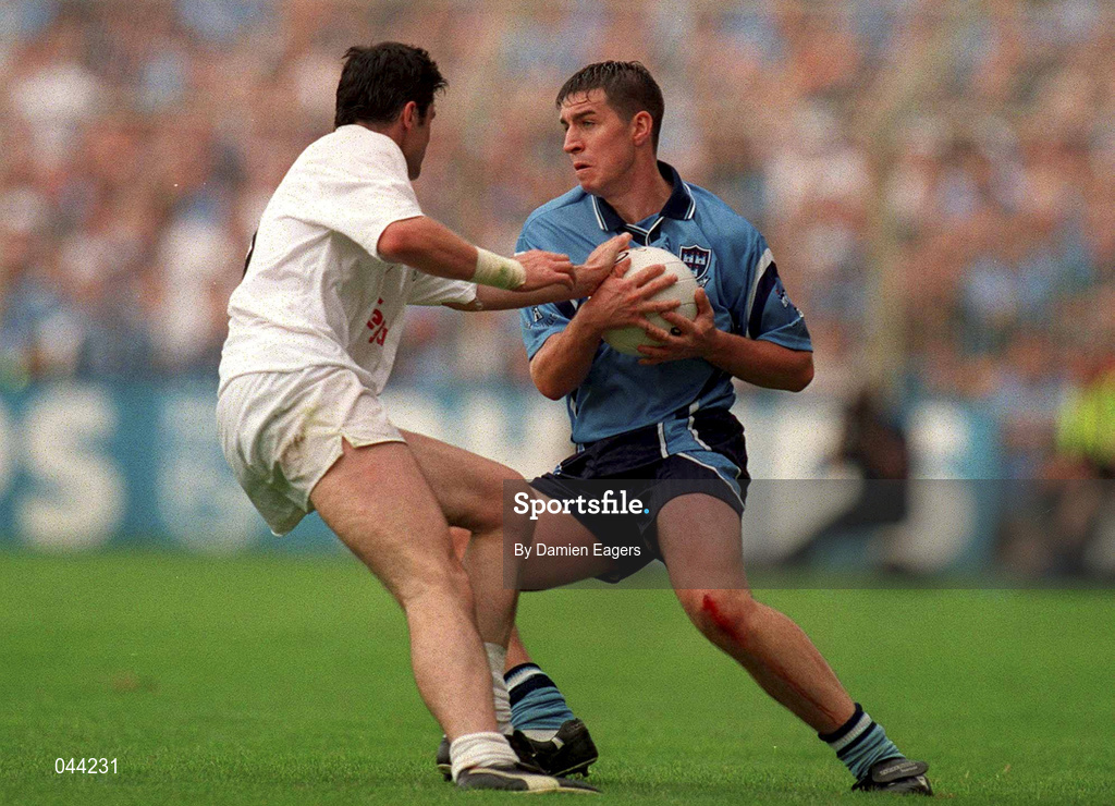 30 July 2000; Jonathan Magee of Dublin in action against Martin Lynch of Kildare during the Bank of Ireland Leinster Senior Football Championship Final between Dublin and Kildare at Croke Park in Dublin. Photo by Damien Eagers/Sportsfile