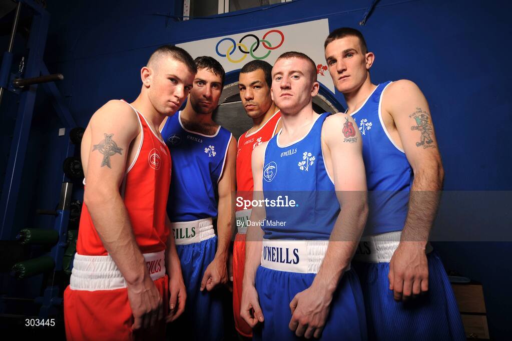 10 June 2008; Ireland Olympic boxers, left to right, John Joe Nevin, Kenneth Egan, Darren Sutherland, Paddy Barnes and John Joe Joyce during a photocall. Olympic Boxers photocall, National Stadium, Dublin. Picture credit: David Maher / SPORTSFILE *** Local Caption *** S0806060 Olympic Boxers photocall