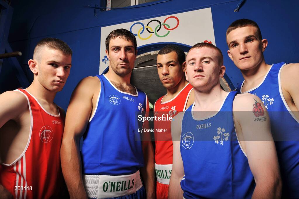 10 June 2008; Ireland's Olympic boxers left to right, John Joe Nevin, Kenneth Egan, Darren Sutherland, Paddy Barnes and John Joe Joyce during a photocall. Olympic Boxers photocall, National Stadium, Dublin. Picture credit: David Maher / SPORTSFILE *** Local Caption *** S0806060 Olympic Boxers photocall