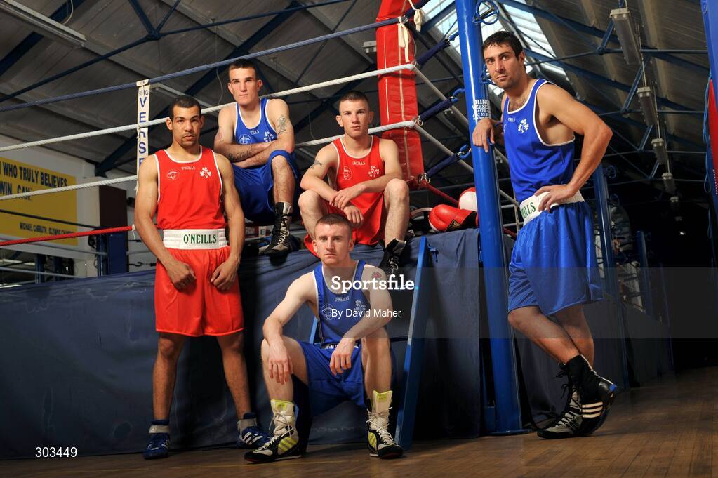 10 June 2008; Ireland's Olympic boxers, left to right, Darren Sutherland, John Joe Joyce, Paddy Barnes, John Joe Nevin and Kenneth Egan during a photocall. Olympic Boxers photocall, National Stadium, Dublin. Picture credit: David Maher / SPORTSFILE *** Local Caption *** S0806060 Olympic Boxers photocall