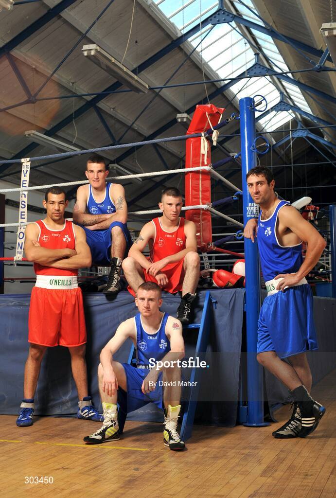 10 June 2008; Ireland's Olympic boxers, left to right, Darren Sutherland, John Joe Joyce, Paddy Barnes, John Joe Nevin and Kenneth Egan during a photocall. Olympic Boxers photocall, National Stadium, Dublin. Picture credit: David Maher / SPORTSFILE *** Local Caption *** S0806060 Olympic Boxers photocall