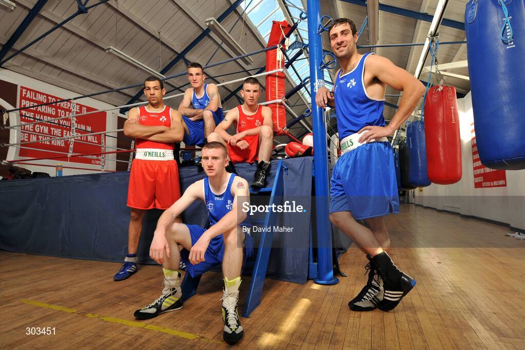 10 June 2008; Ireland's Olympic boxers left to right, Darren Sutherland, John Joe Joyce, Paddy Barnes, John Joe Nevin and Kenneth Egan, during a photocall. Olympic Boxers photocall, National Stadium, Dublin. Picture credit: David Maher / SPORTSFILE *** Local Caption *** S0806060 Olympic Boxers photocall