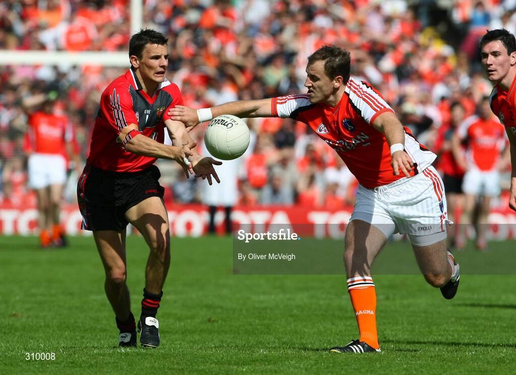 29 June 2008; Danny Hughes, Down, in action against Paddy McKeever, Armagh. GAA Football Ulster Senior Championship Semi-Final, Down v Armagh, St Tighearnach's Park, Clones, Co. Monaghan. Picture credit: Oliver McVeigh / SPORTSFILE