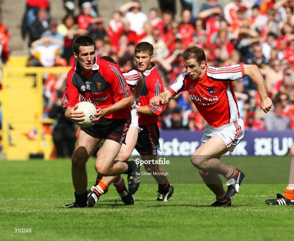 29 June 2008; Dan Gordon, Down, in action against Paul McGrane, Armagh. GAA Football Ulster Senior Championship Semi-Final, Down v Armagh, St Tighearnach's Park, Clones, Co. Monaghan. Picture credit: Oliver McVeigh / SPORTSFILE