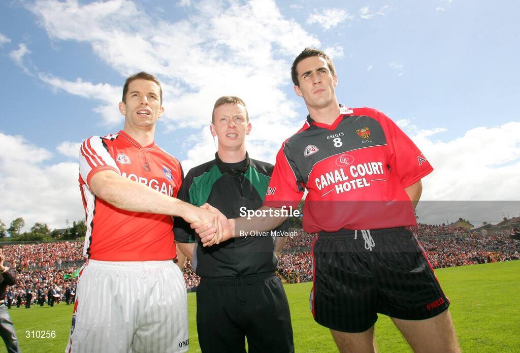 29 June 2008; Referee Joe McQuillan, centre, at the toss with Armagh captain Paul McGrane and Down captain Dan Gordon before the game. GAA Football Ulster Senior Championship Semi-Final, Down v Armagh, St Tighearnach's Park, Clones, Co. Monaghan. Picture credit: Oliver McVeigh / SPORTSFILE