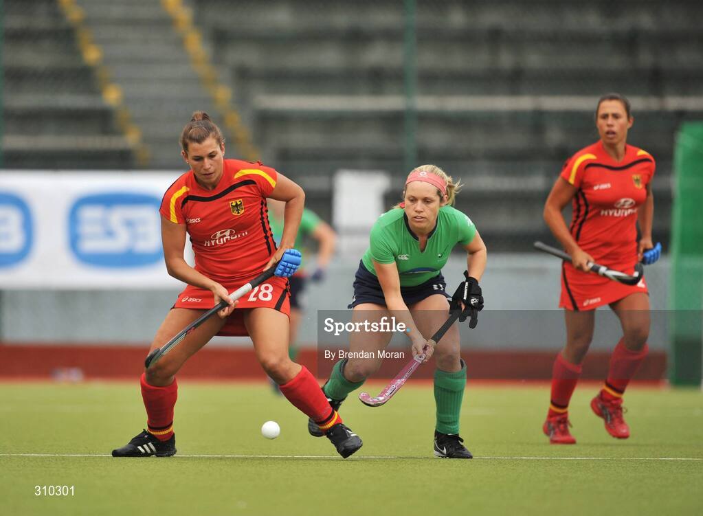 12 June 2008; Julia Muller, Germany, in action against Jenny McDonough, Ireland. Setanta Sports Trophy, Ireland v Germany, National Hockey Stadium, UCD, Belfield, Dublin. Picture credit: Brendan Moran / SPORTSFILE