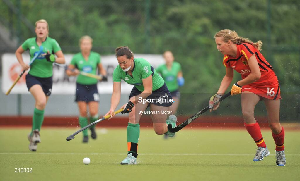 12 June 2008; Eimear Cregan, Ireland, in action against Fanny Rinne, Germany. Setanta Sports Trophy, Ireland v Germany, National Hockey Stadium, UCD, Belfield, Dublin. Picture credit: Brendan Moran / SPORTSFILE