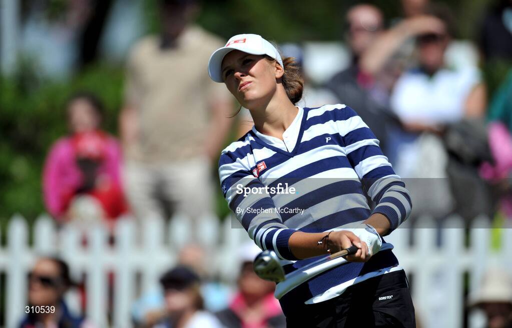 13 July 2008; Marianne Skarpnord, Norway, watches her tee shot from the 1st during the final round of the AIB Ladies Irish Open Golf Championship. Portmarnock Hotel and Golf Links, Co. Dublin. Picture credit: Stephen McCarthy / SPORTSFILE
