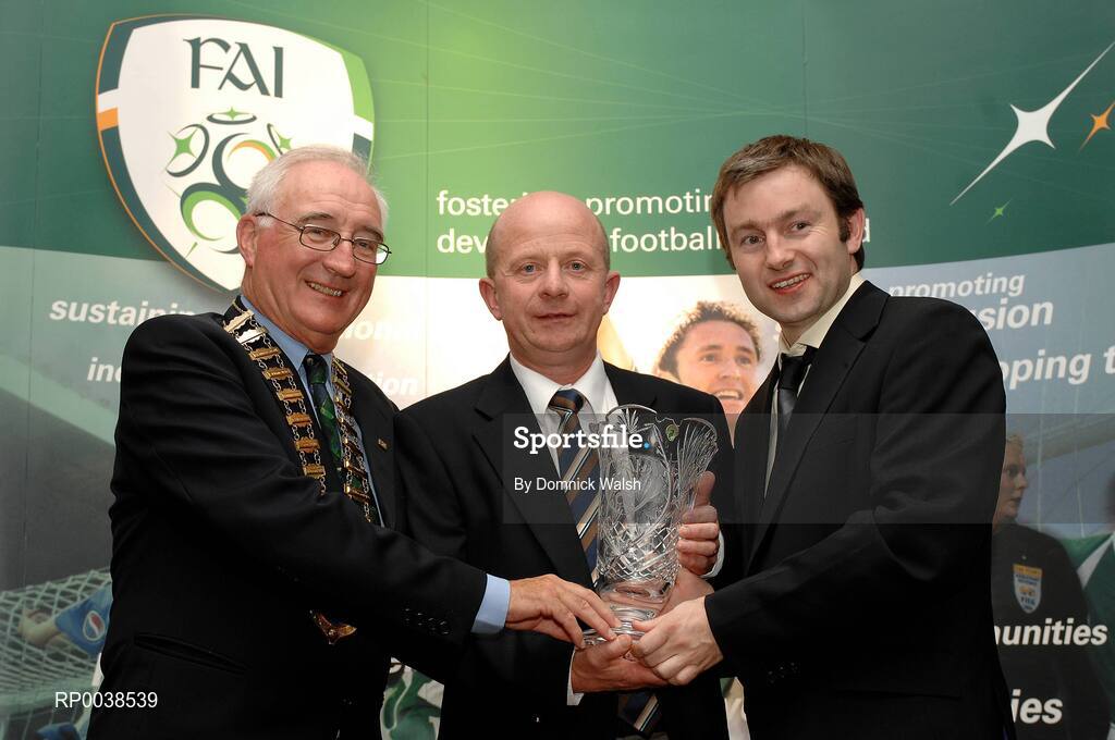 6 July 2007; John Durkan, Manulla FC, receives his 'Service to Football' award from David Blood, President of the FAI, and Eoin Brannigan, from The Star, at the pre Annual General Meeting dinner hosted by the Football Association of Ireland. The Malton Hotel, Killarney, Co. Kerry. Picture credit: Domnick Walsh / SPORTSFILE