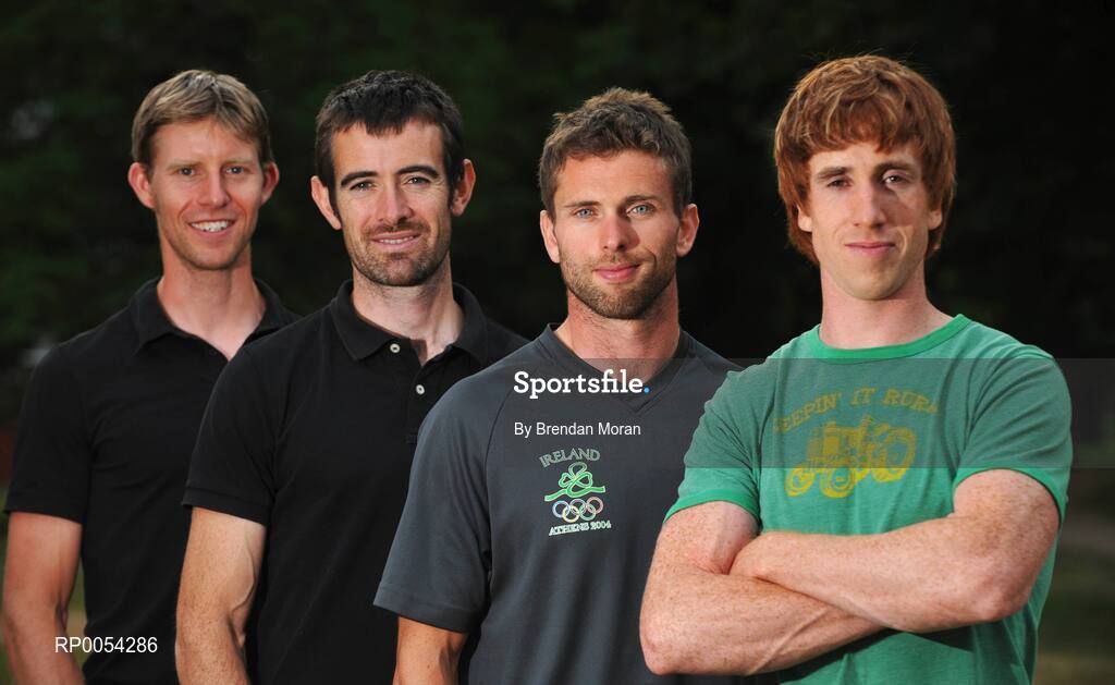 18 June 2008; The Ireland Lightweight Men's Four crew, from left, Richard Archibald, Gearoid Towey, Paul Griffin and Cathal Moynihan. 2008 Final Olympic Rowing Qualification Regatta, Poznan, Poland. Picture credit: Brendan Moran / SPORTSFILE