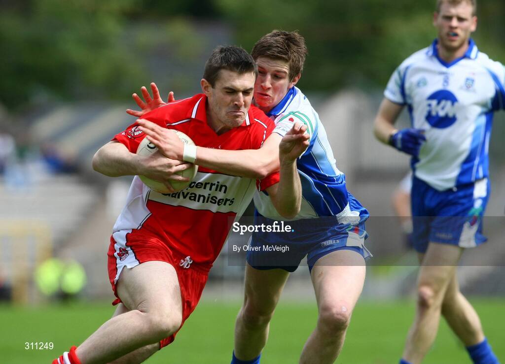 19 July 2008; Mark Lynch, Derry, in action against Darren Hughes, Monaghan. GAA Football All-Ireland Senior Championship Qualifier - Round 1, Monaghan v Derry, Clones, Co. Monaghan. Picture credit: Oliver McVeigh / SPORTSFILE