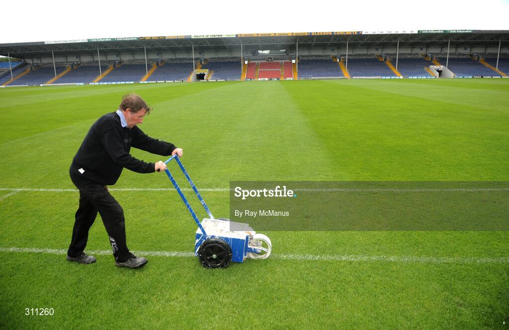 19 July 2008; Groundsman Philip Butler lines the pitch before the game. GAA Hurling All-Ireland Senior Championship Qualifier - Round 4, Offaly v Waterford, Thurles, Co. Tipperary. Picture credit: Ray McManus / SPORTSFILE
