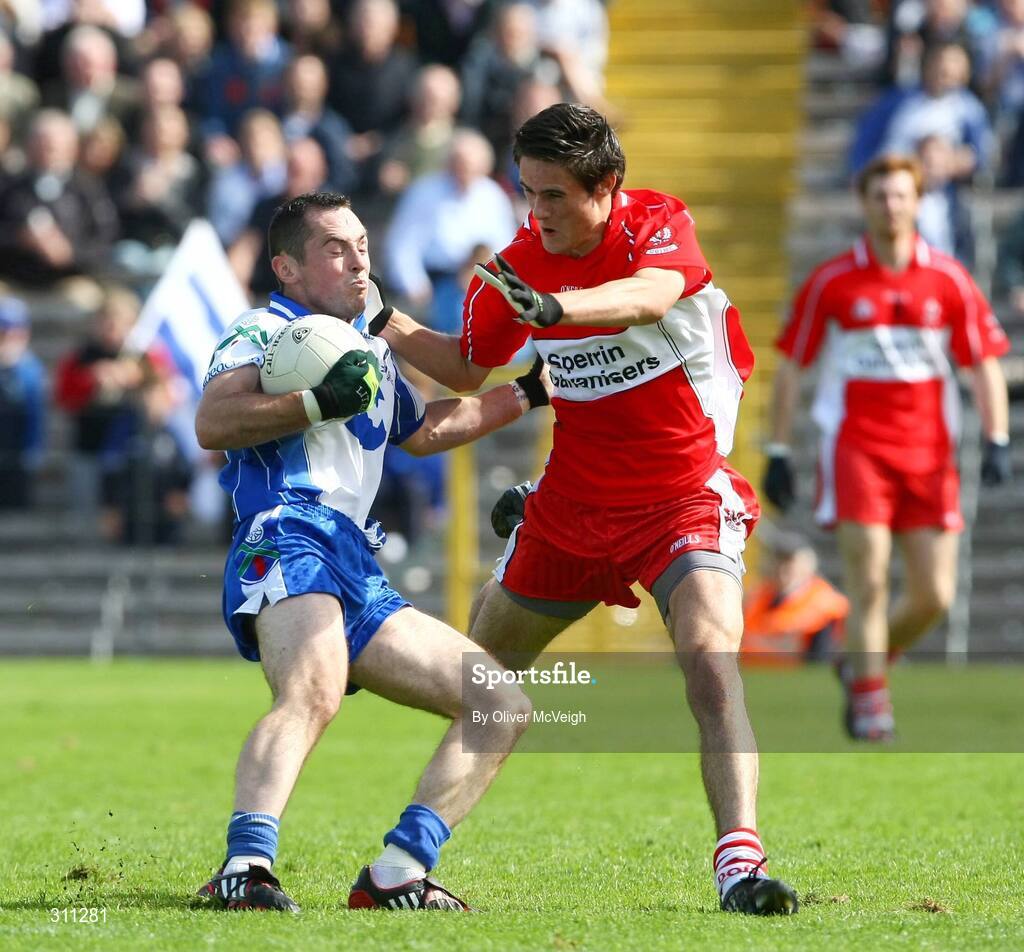 19 July 2008; Stephen Gollogly, Monaghan, in action against Christopher McCaigue, Derry. GAA Football All-Ireland Senior Championship Qualifier - Round 1, Monaghan v Derry. Clones, Co. Monaghan. Picture credit: Oliver McVeigh / SPORTSFILE